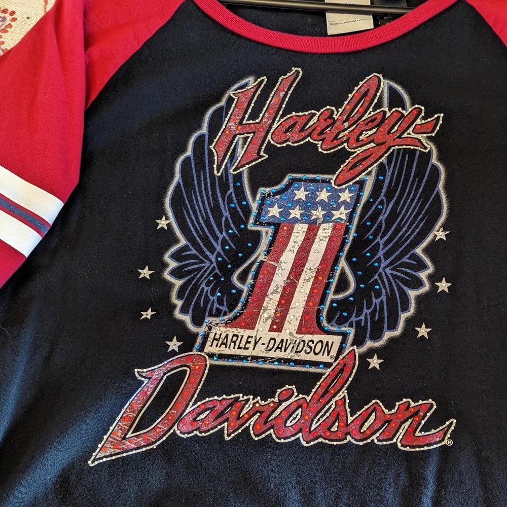 Harley-Davidson 2XL Patriotic One 3/4 sleeve rhinestone sparkle